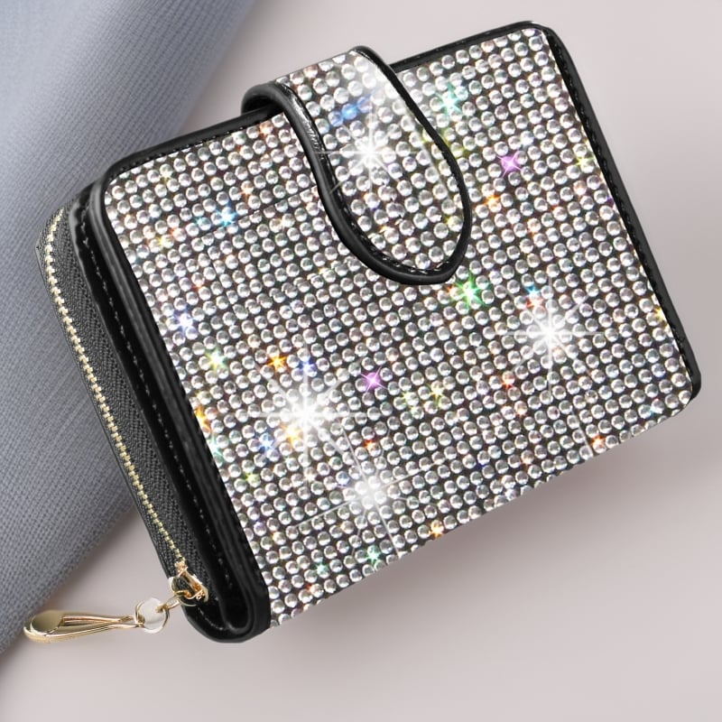 Női cipzáros rhinestone pénztárca PU bőrrel, poliészter bélés, kártyatartó