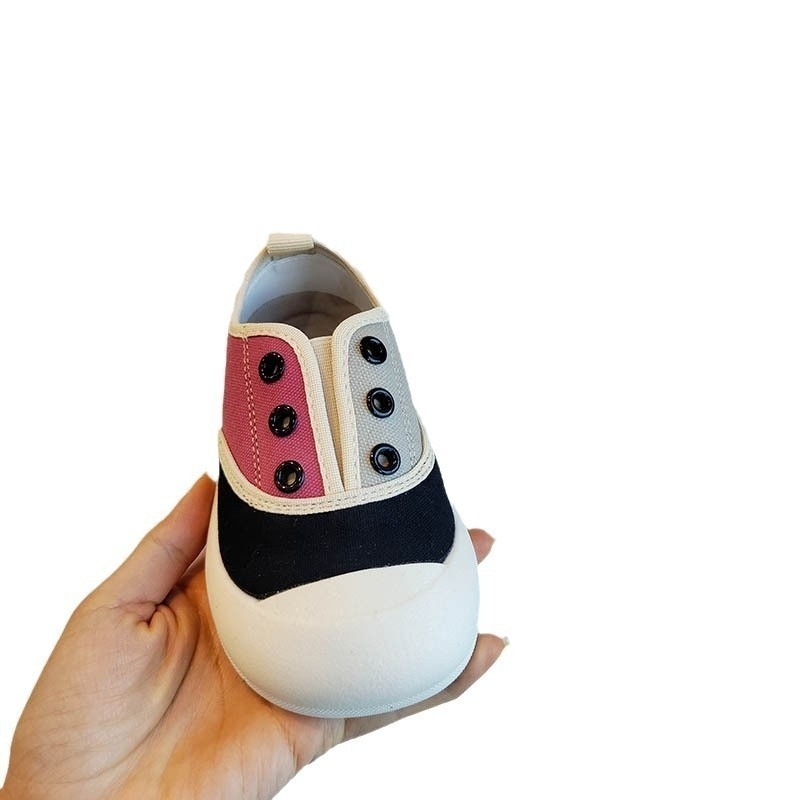 Gyerekeknek készült vászon Slip-On cipő elasztikus pánttal, alacsony bokarész, gumitalp, színblokkal mintázott dizájn, koreai stílus, tavasz 2025