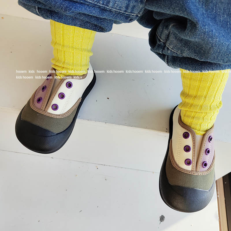 Gyerekeknek készült vászon Slip-On cipő elasztikus pánttal, alacsony bokarész, gumitalp, színblokkal mintázott dizájn, koreai stílus, tavasz 2025