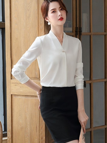 Dámska košeľa z chiffon: polyester s elastanom, dlhé rukávy, Výstrih do V, zapínanie na jeden gomb