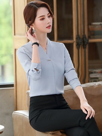 Dámska košeľa z chiffon: polyester s elastanom, dlhé rukávy, Výstrih do V, zapínanie na jeden gomb