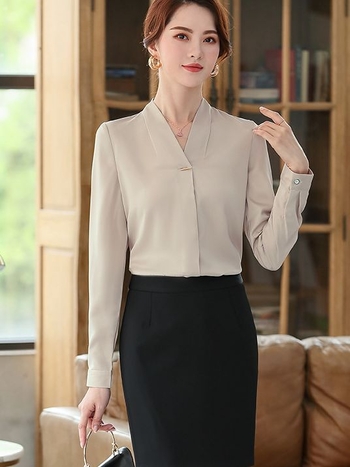 Dámska košeľa z chiffon: polyester s elastanom, dlhé rukávy, Výstrih do V, zapínanie na jeden gomb