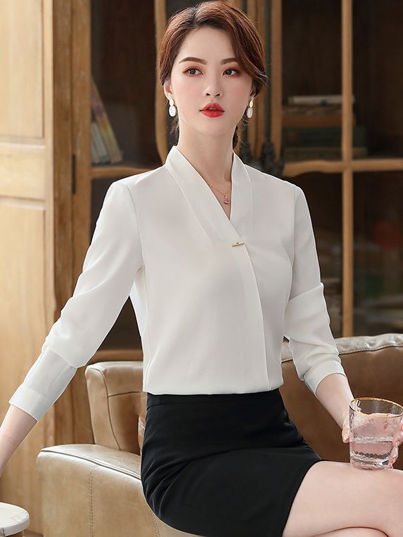 Dámska košeľa z chiffon: polyester s elastanom, dlhé rukávy, Výstrih do V, zapínanie na jeden gomb