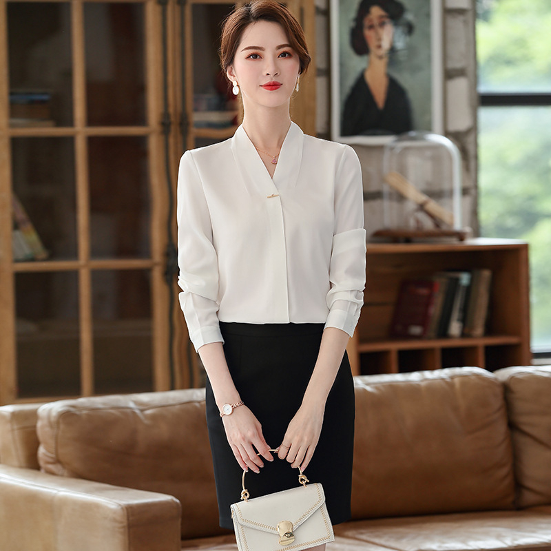 Dámska košeľa z chiffon: polyester s elastanom, dlhé rukávy, Výstrih do V, zapínanie na jeden gomb