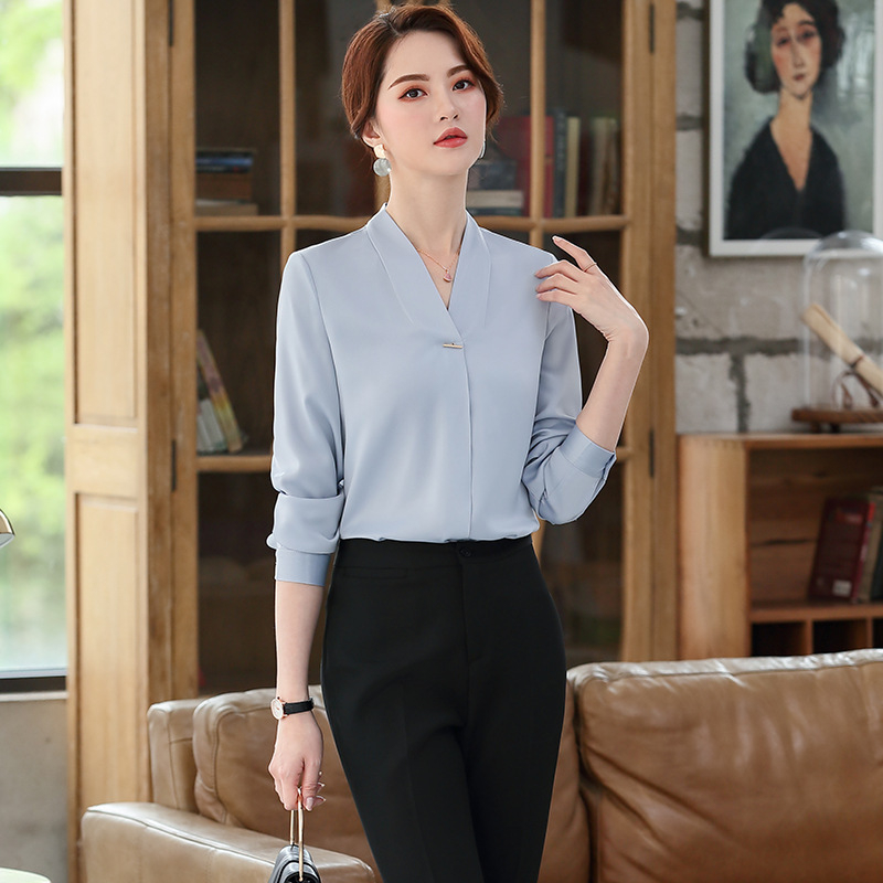 Dámska košeľa z chiffon: polyester s elastanom, dlhé rukávy, Výstrih do V, zapínanie na jeden gomb