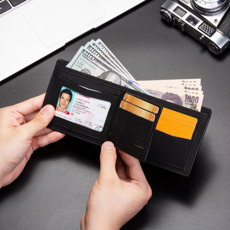 Portofel bărbați PU, bi-fold, cu buzunare pentru carduri, ușor, rezistent la uzură, anti-tăiere