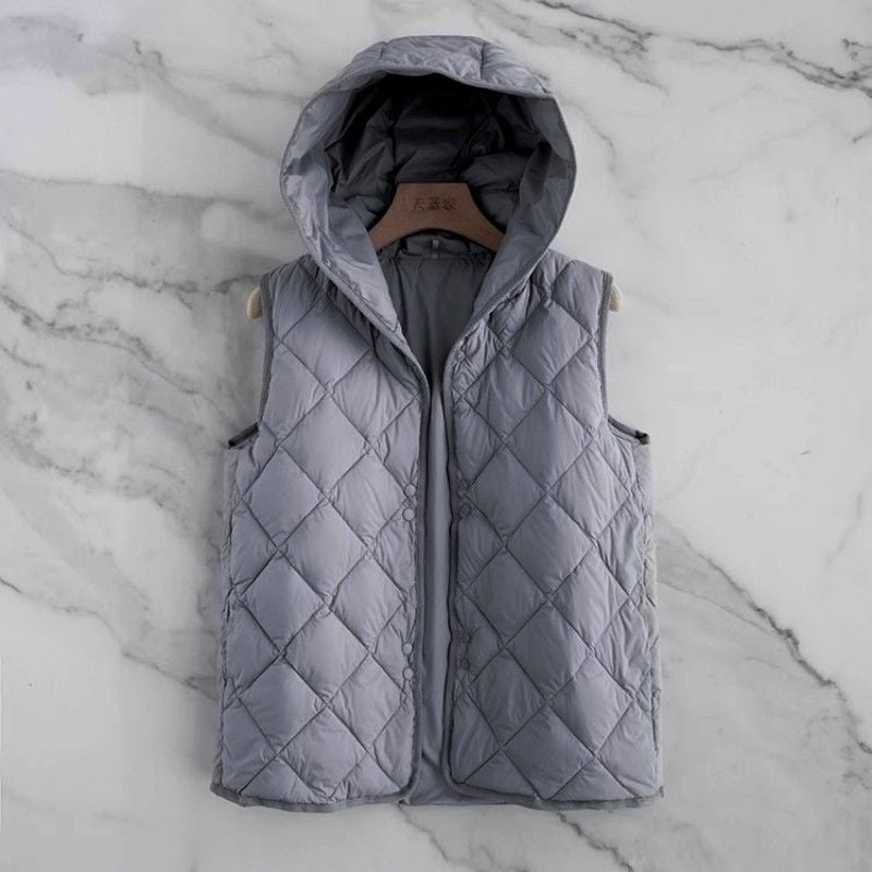 Γυναικείο quilted γιλέκο με κουκούλα, ελαφρύ και ζεστό, κανονική γραμμή, λαιμός polo, ύφασμα chenille, 90–95% ελαστάν