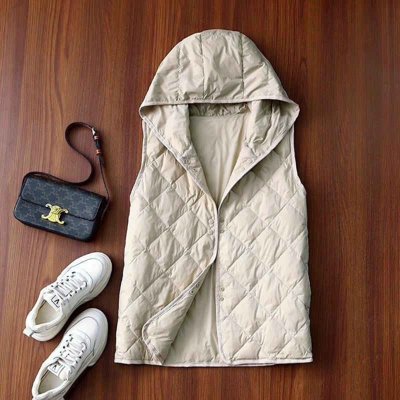 Γυναικείο quilted γιλέκο με κουκούλα, ελαφρύ και ζεστό, κανονική γραμμή, λαιμός polo, ύφασμα chenille, 90–95% ελαστάν