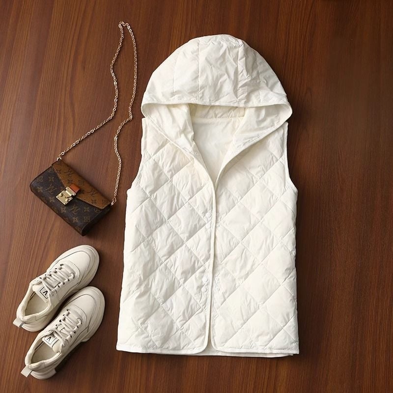 Γυναικείο quilted γιλέκο με κουκούλα, ελαφρύ και ζεστό, κανονική γραμμή, λαιμός polo, ύφασμα chenille, 90–95% ελαστάν