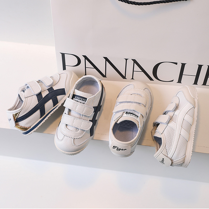 Gyerekeknek készült vékony talpú cipő, bőr felsőrész, Velcro-zárás, csíkos mintázat, lélegző