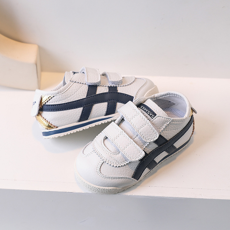 Gyerekeknek készült vékony talpú cipő, bőr felsőrész, Velcro-zárás, csíkos mintázat, lélegző