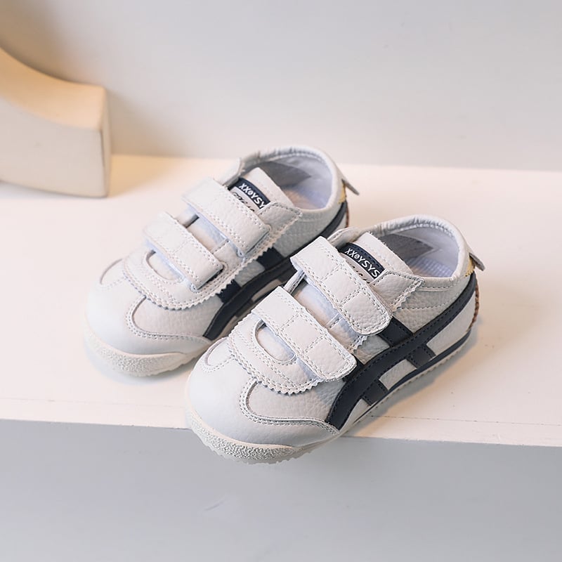 Gyerekeknek készült vékony talpú cipő, bőr felsőrész, Velcro-zárás, csíkos mintázat, lélegző