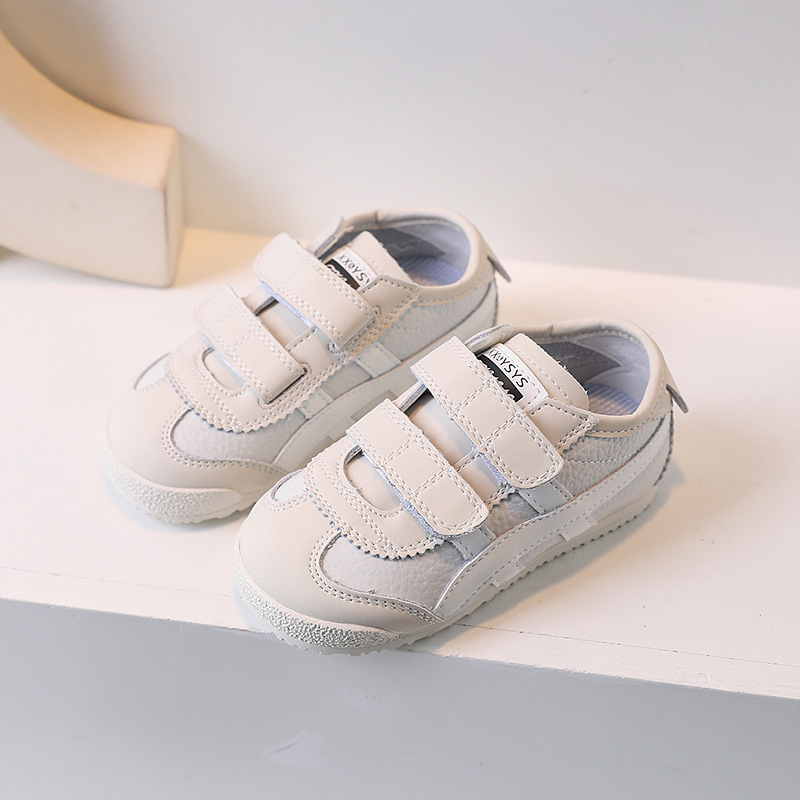 Gyerekeknek készült vékony talpú cipő, bőr felsőrész, Velcro-zárás, csíkos mintázat, lélegző