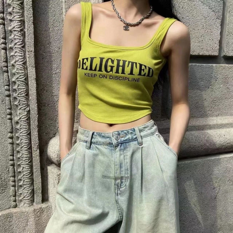 Top din bumbac 100% în stil vestă, cu umplutură pentru bust, cupe modelate, lungime talie