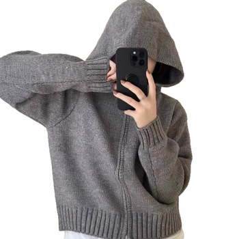 Cardigan tricotat din lână cu glugă pentru femei, croi lejer, fermoar frontal, lungime obișnuită (50–65 cm)