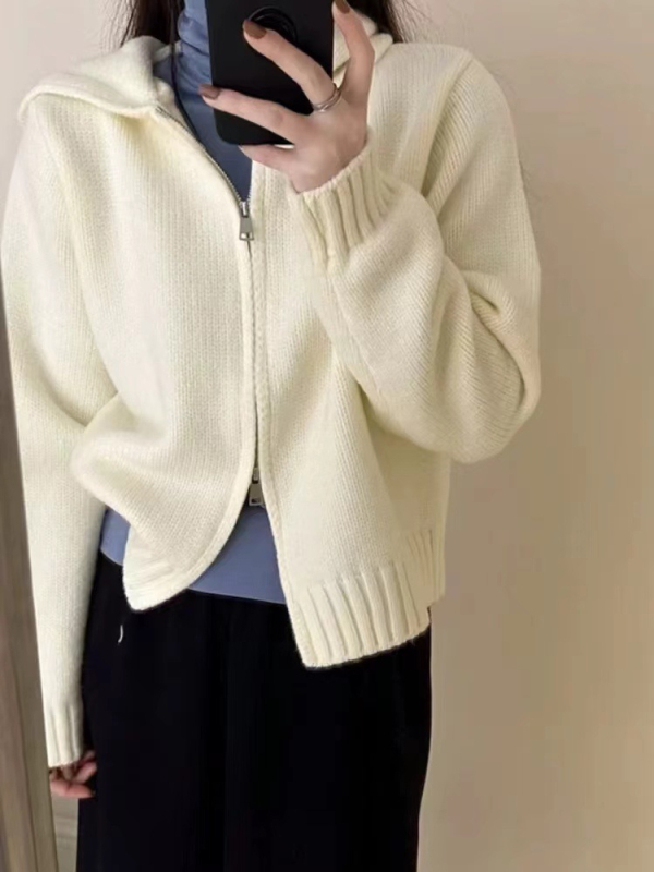 Cardigan tricotat din lână cu glugă pentru femei, croi lejer, fermoar frontal, lungime obișnuită (50–65 cm)