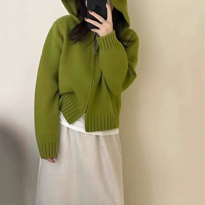 Cardigan tricotat din lână cu glugă pentru femei, croi lejer, fermoar frontal, lungime obișnuită (50–65 cm)