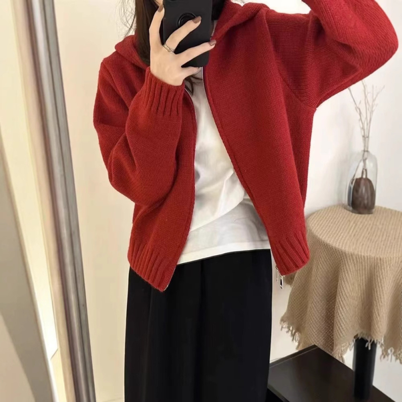 Cardigan tricotat din lână cu glugă pentru femei, croi lejer, fermoar frontal, lungime obișnuită (50–65 cm)