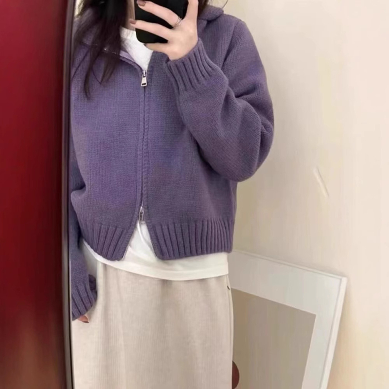 Cardigan tricotat din lână cu glugă pentru femei, croi lejer, fermoar frontal, lungime obișnuită (50–65 cm)