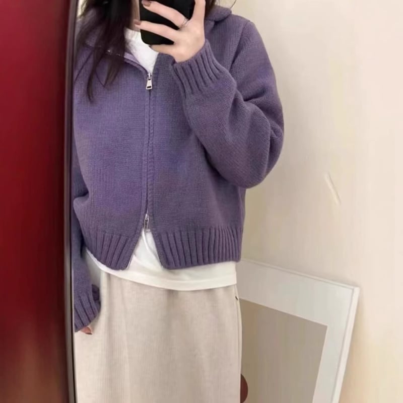 Cardigan tricotat din lână cu glugă pentru femei, croi lejer, fermoar frontal, lungime obișnuită (50–65 cm)