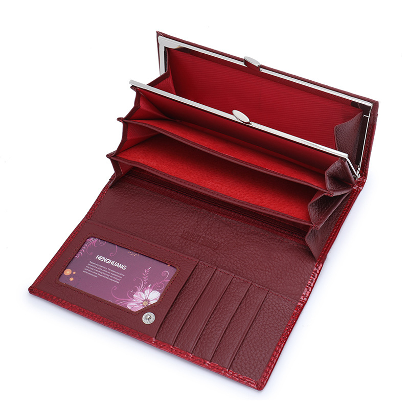 Ženski dugi kožni novčanik - HENGHUANG, prava koža, prvi sloj kravlje kože, jednofarbni uzorak, podstava od poliestera
