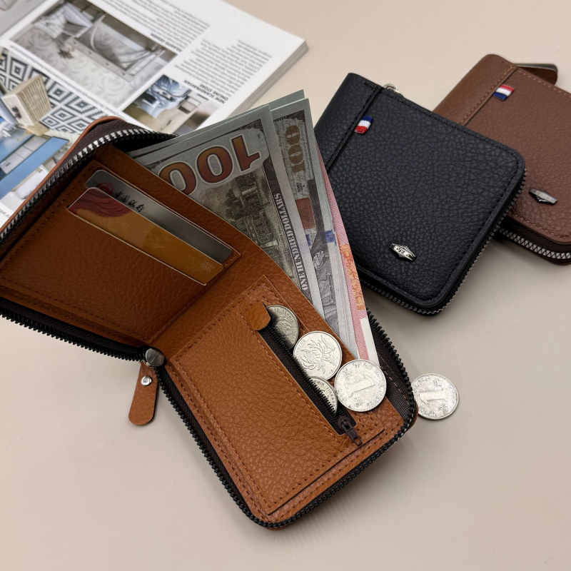 Bevis muški novčanik sa zipom - PU materijal, Lychee kože tekstura, otporan na habanje, velik kapacitet, retro stil