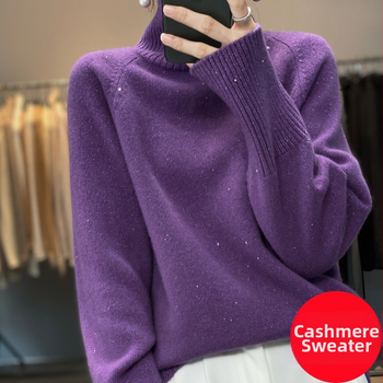 Женски кашмирен пуловер с висока яка, дебел плет, дълги ръкави