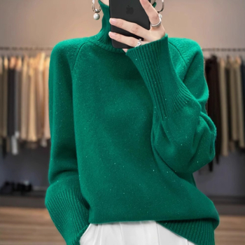 Женски кашмирен пуловер с висока яка, дебел плет, дълги ръкави