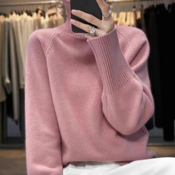 Женски кашмирен пуловер с висока яка, дебел плет, дълги ръкави