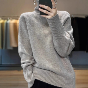 Женски кашмирен пуловер с висока яка, дебел плет, дълги ръкави