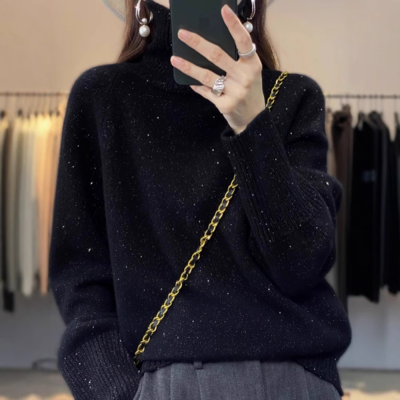 Женски кашмирен пуловер с висока яка, дебел плет, дълги ръкави