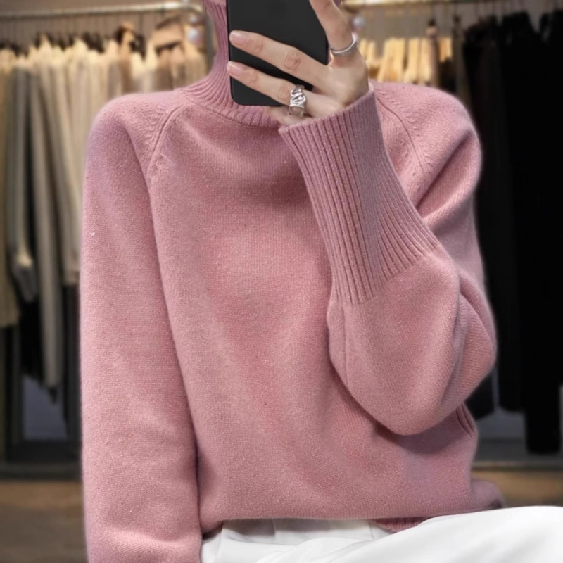 Женски кашмирен пуловер с висока яка, дебел плет, дълги ръкави