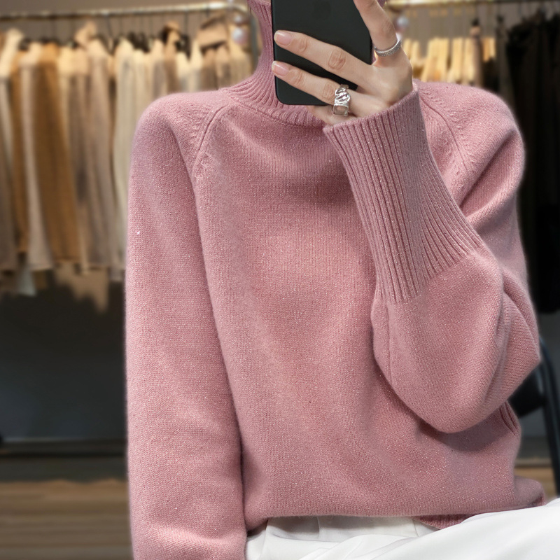 Женски кашмирен пуловер с висока яка, дебел плет, дълги ръкави