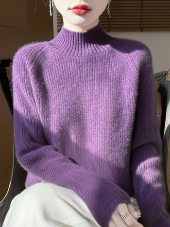 Női kapucnis gyapjú pulóver félmagas gallérral, raglán ujjak, vast kötés, 95% feletti gyapjú, lazán szabott, őszi-téli