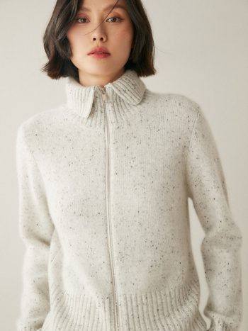 Кашмирен плетен кардиган за жени с цип и висок воротник, плътен и свободен крой