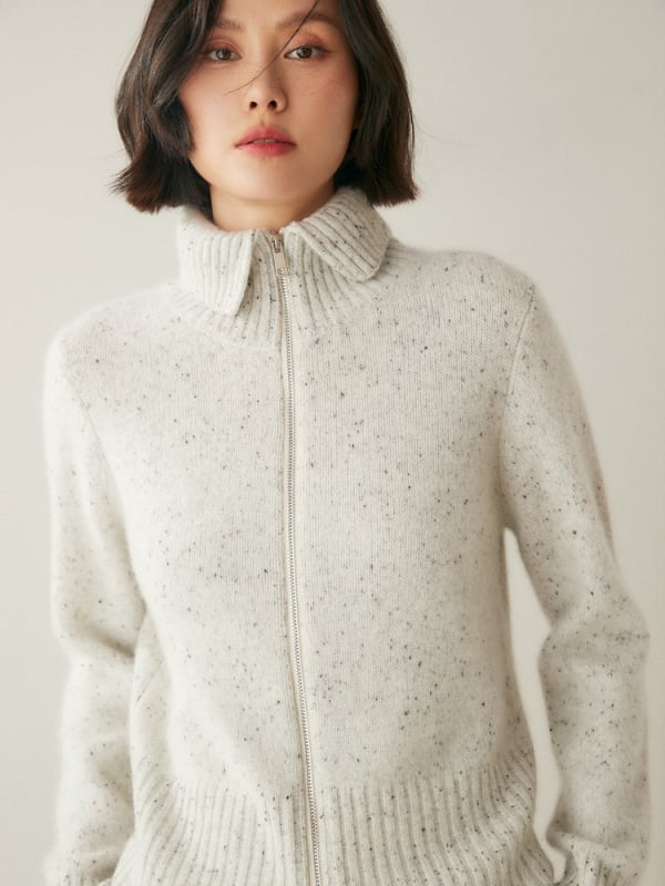 Кашмирен плетен кардиган за жени с цип и висок воротник, плътен и свободен крой