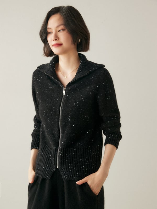 Кашмирен плетен кардиган за жени с цип и висок воротник, плътен и свободен крой