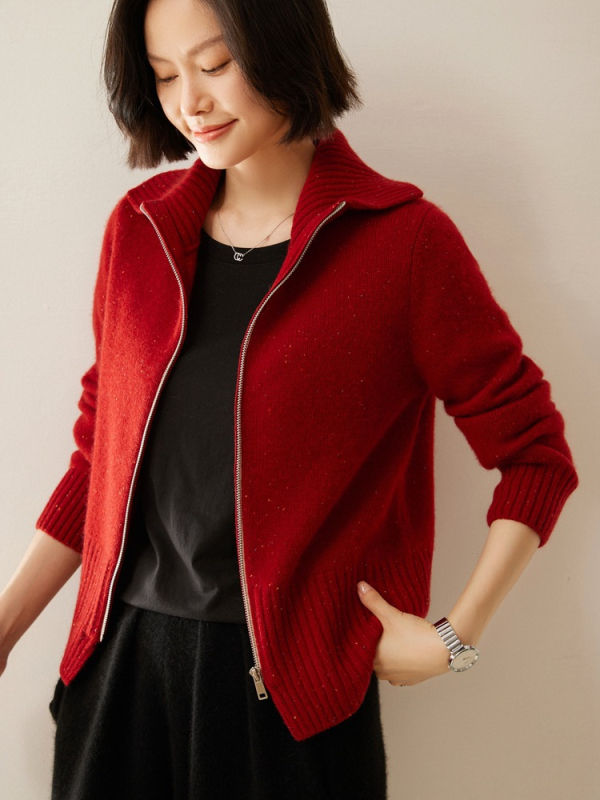 Кашмирен плетен кардиган за жени с цип и висок воротник, плътен и свободен крой