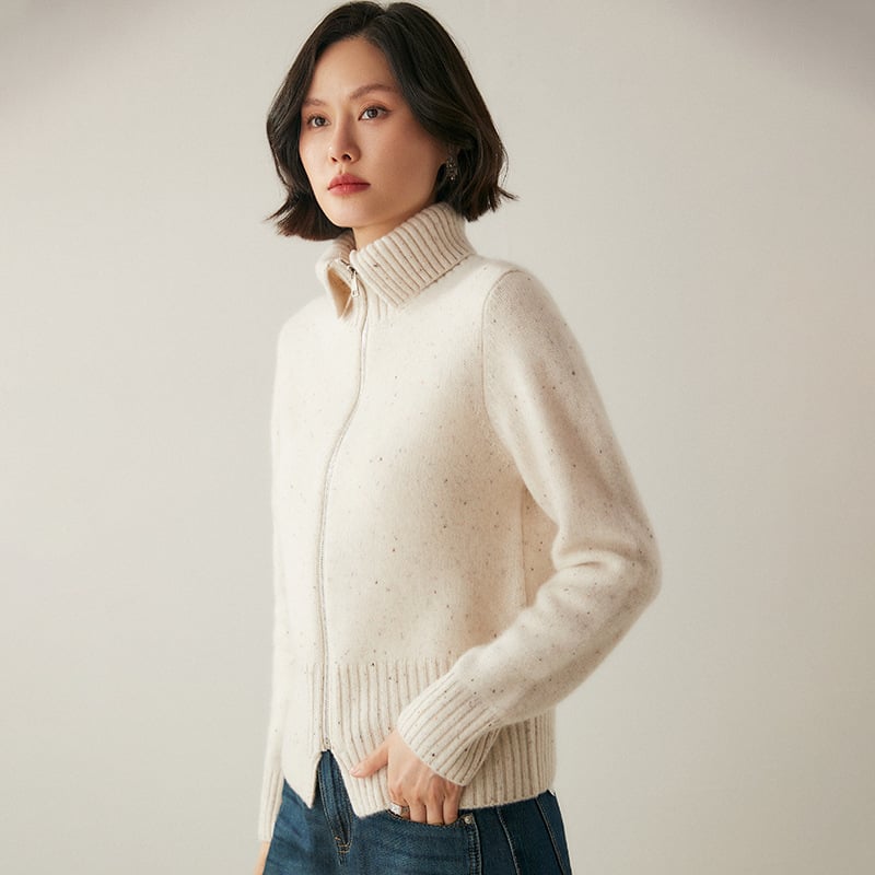 Кашмирен плетен кардиган за жени с цип и висок воротник, плътен и свободен крой