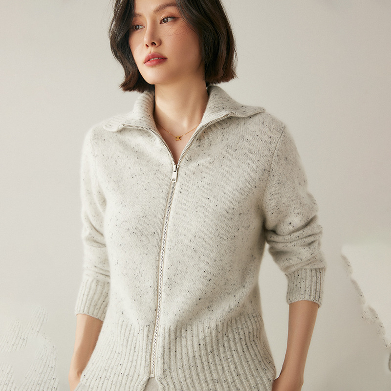 Кашмирен плетен кардиган за жени с цип и висок воротник, плътен и свободен крой
