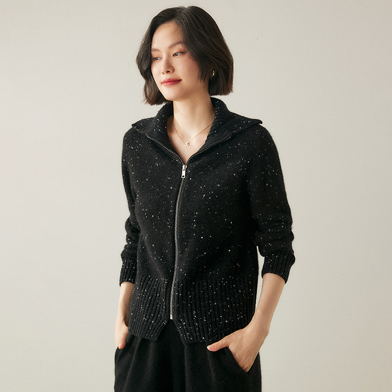 Кашмирен плетен кардиган за жени с цип и висок воротник, плътен и свободен крой