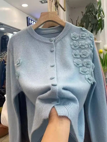 Pleteni kardigan od ovčje vune, 3D cvjetni uzorak, debeli materijal, slobodan kroj, okrugli ovratnik