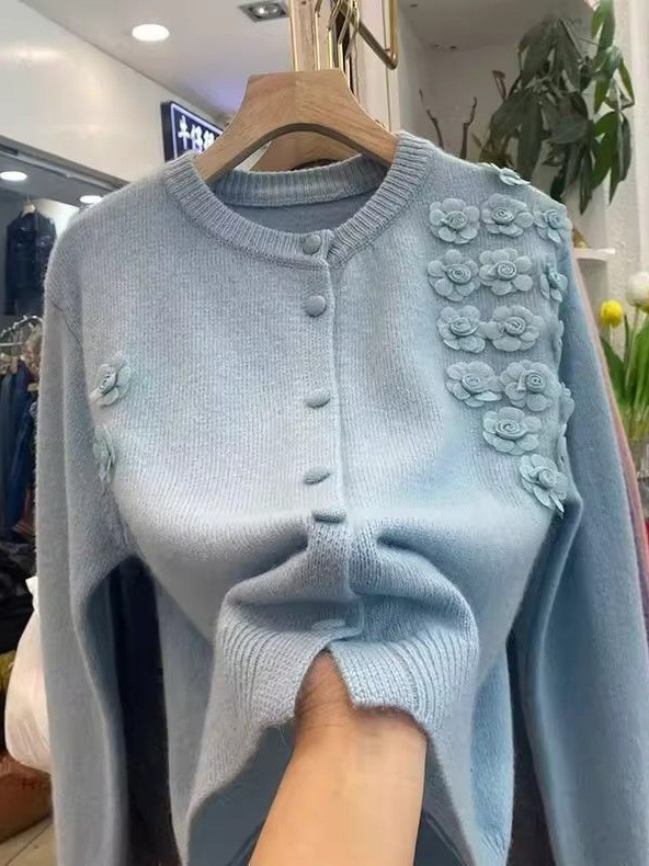 Pleteni kardigan od ovčje vune, 3D cvjetni uzorak, debeli materijal, slobodan kroj, okrugli ovratnik