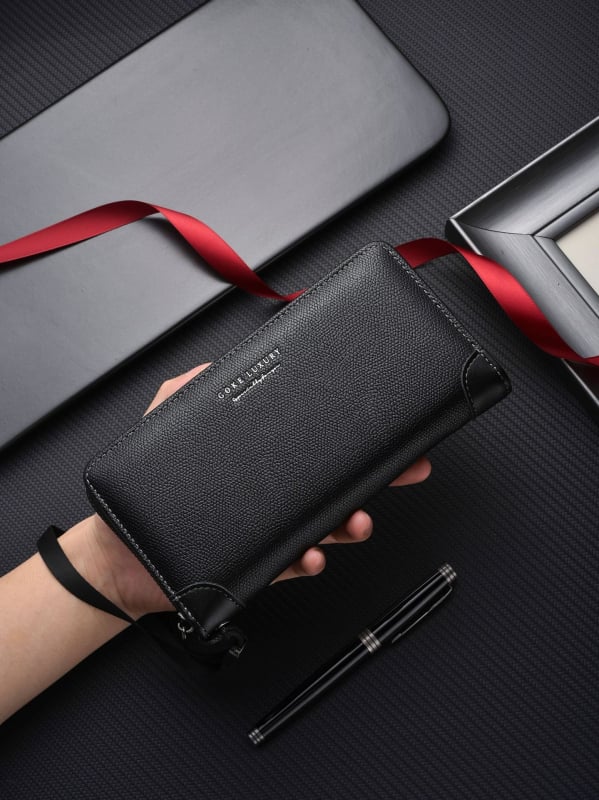 Portofel masculin cu geantă pentru telefon, PU piele, Design cu 3 pliuri, Portofel lung, Ultra-ușor, Extensibil, Stil urban minimalist