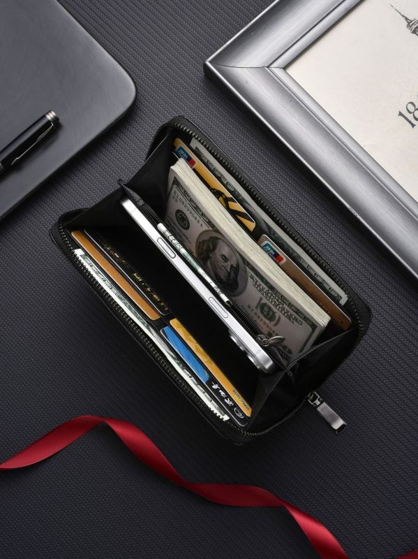 Portofel masculin cu geantă pentru telefon, PU piele, Design cu 3 pliuri, Portofel lung, Ultra-ușor, Extensibil, Stil urban minimalist