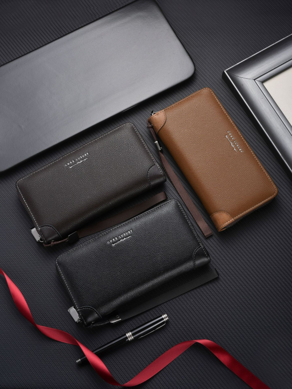 Portofel masculin cu geantă pentru telefon, PU piele, Design cu 3 pliuri, Portofel lung, Ultra-ușor, Extensibil, Stil urban minimalist