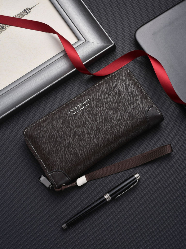 Portofel masculin cu geantă pentru telefon, PU piele, Design cu 3 pliuri, Portofel lung, Ultra-ușor, Extensibil, Stil urban minimalist