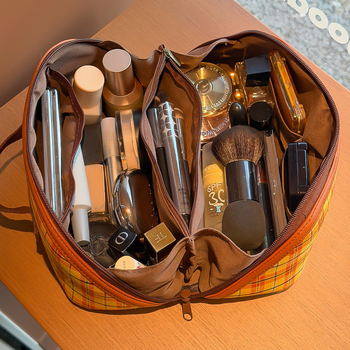 Geantă cosmetică retro în carouri, stil coreean, material textil, capacitate mare, închidere cu fermoar