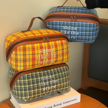 Geantă cosmetică retro în carouri, stil coreean, material textil, capacitate mare, închidere cu fermoar