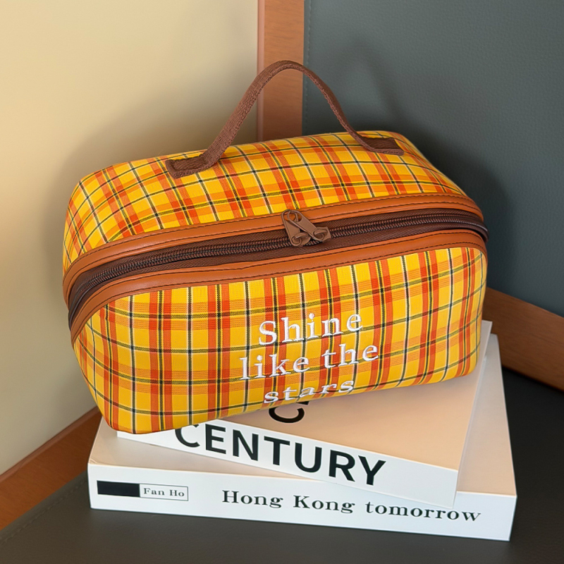 Geantă cosmetică retro în carouri, stil coreean, material textil, capacitate mare, închidere cu fermoar